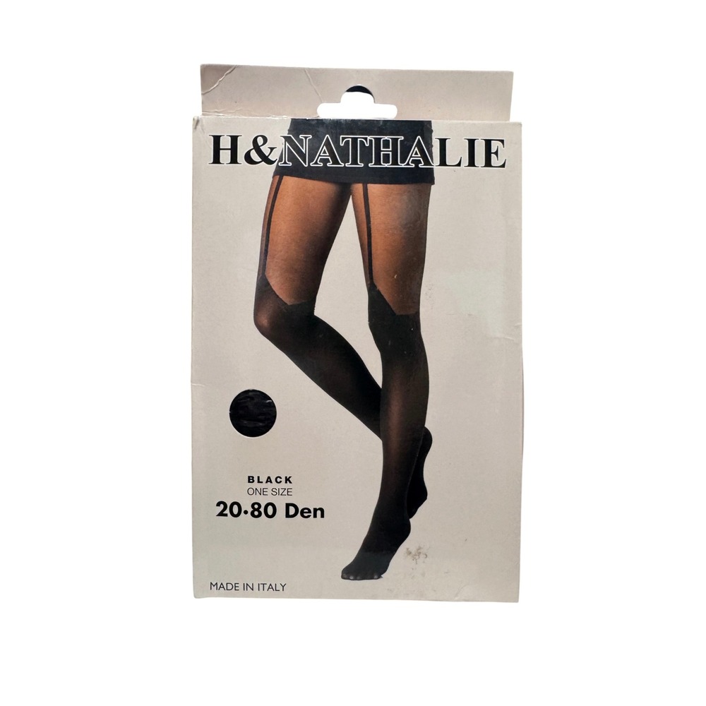H&Nathalie Black Faux Garter Mock Suspender Tights 20-80 Denier Made in Italy OS